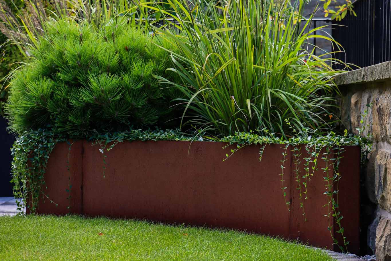 Bespoke Corten Steel Planter With Stone Paving Lawn Edging
